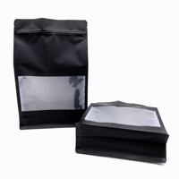 Pochette à fond plat personnalisée noire mate à huit soudures latérales avec fenêtre transparente frontale en PE, étanche et de qualité alimentaire, avec fermeture Ziplock
