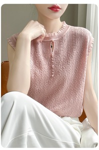 T-shirt en tricot sans manches pour femme, avec dentelle et perles, tendance - Product Image 4