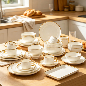 Ensemble de vaisselle de luxe en <span class=keywords><strong>porcelaine</strong></span> avec logo personnalisé, 32 pièces, couleur <span class=keywords><strong>blanche</strong></span>, assiettes et plats, compatible micro-ondes - Product Image 3