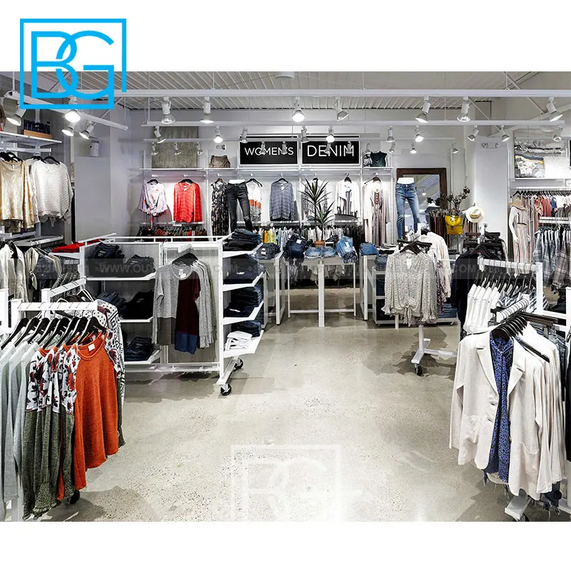 Garment Shop Interior Design Clothes Rack Display Retail Clothing Shop Counter Cooker Display Showcase With Clothes Store