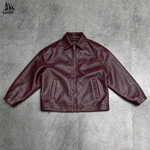 OEM Winter <strong>Burgundy</strong> Oversized Blank Textured Fake Pu <strong>Leather</strong> <strong>Jacket</strong> for Men Custom Loose Bomber <strong>Jacket</strong> - Product Image 2