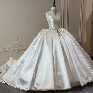 XS302 Vestidos de Novia Modernos y Tradicionales con Escote Redondo, Apliques Florales de Cristal, Largos hasta el Suelo, Estilo Imperio Real, con Corsé para Mujer - Product Image 2