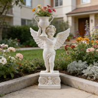 Statue de planteur en résine de chérubin debout - Effet pierre, sculpture d'ange majestueuse avec urne pour une grande entrée et une décoration de jardin de luxe