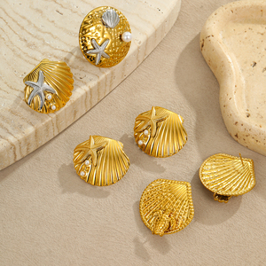 2025 nouvel océan Boho bijoux en acier inoxydable coquille de mer boucles d'oreilles anneaux de luxe deux tons étoile de mer perle tortue de mer anneaux femmes - Product Image 2