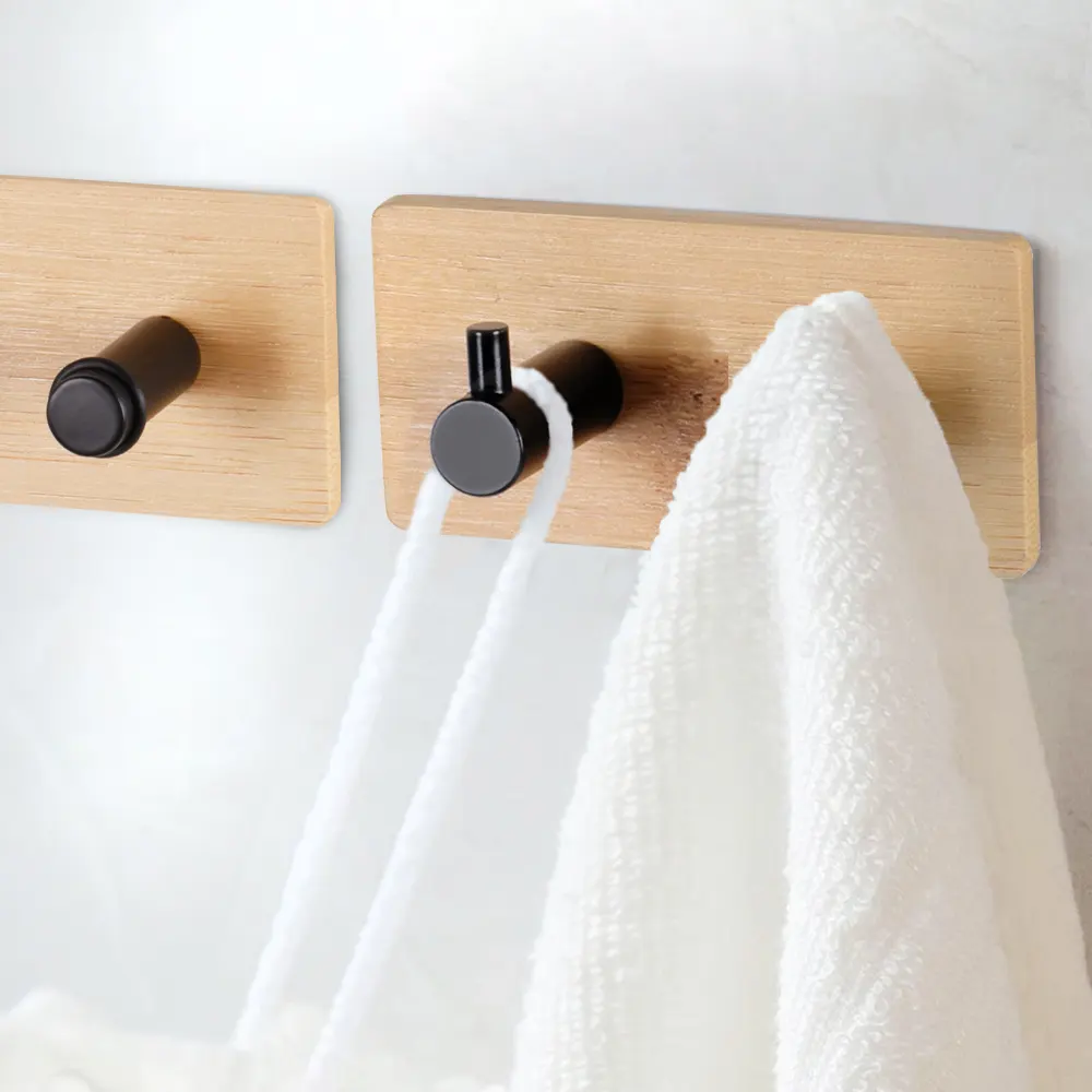 Self Adhesive Hooks 3M 2 Packs Adhesive Wall Hooks Towel Coat Hanger Bamboo Stainless Steel Hanger Shelf for Bathroom Kitchen