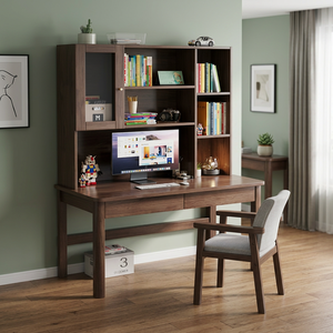 Wood Computer <b>Desk</b> with Integrated Bookshelf Storage for Home Office Furniture Set - Product Image 1