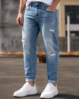 Jean slim déchiré bleu clair pour homme, effet vieilli, coupe ajustée, décontracté, polyvalent, style urbain