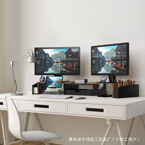 Solid Wood Multi Screen Monitor Riser Stand <b>Desktop</b> Storage Rack Office Organizer for Computer Workspace - Product Image 2