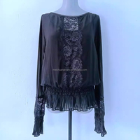 Chemisier élégant personnalisé pour femme avec patchwork en dentelle, manches longues, haut en maille transparente, taille smockée, OEM ODM