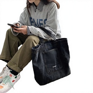 Hongfei Custom Logo Cotton Denim Extra Large <b>Foldable</b> Flexiloop Handle Zipper Closure Shoulder Tote <b>Bag</b> for Women Casual - Product Image 4