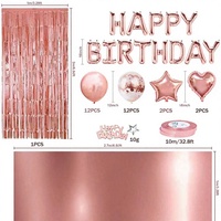 Kit de Décoration Joyeux Anniversaire Or Rose : Ballons, Nappe, Rideau à Franges, Vaisselle de Fête, Toile de Fond Photo
