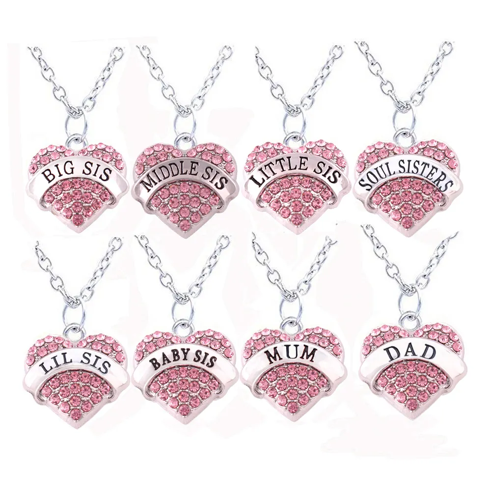 A700033 Yiwu Huilin Sieraden Kristal Hart Grote Midden Kleine Lil Baby Sis Soul Zusters Mum Papa Familie Lid Ketting Sets