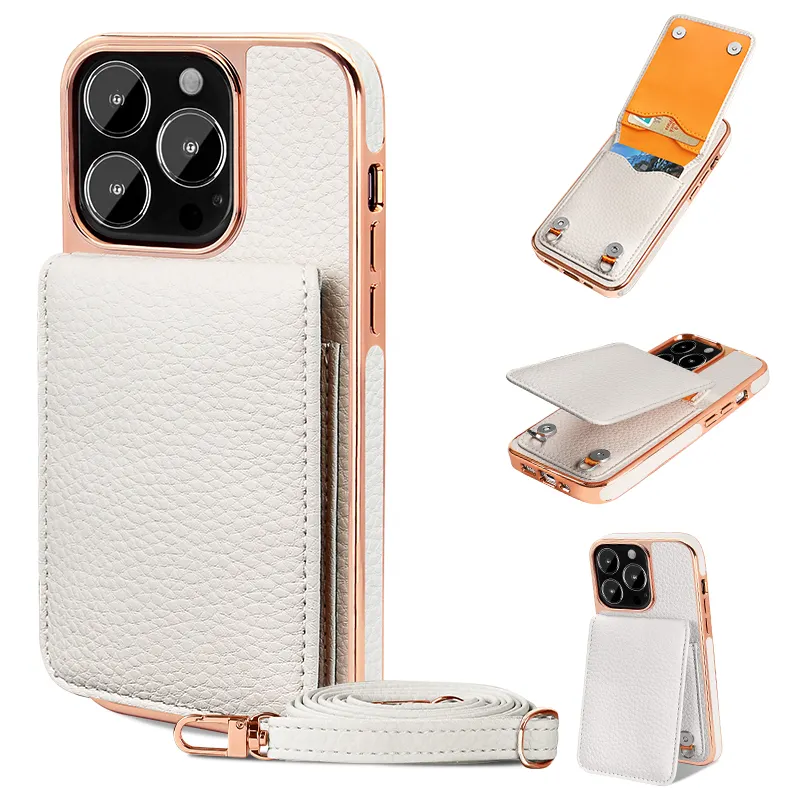 VIETAO Lychee texture PU Cell Phone Case For iPhone 13 12 Crossbody Strap White Leather Phone Cover Wallet Case For iPhone 14 13