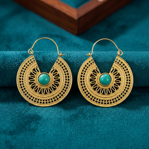 Pendientes de Aro de Latón con Flor de Mandala, Pendientes Colgantes Vintage con Turquesa, Cristal Curativo, Joyería Bohemia - Product Image 1