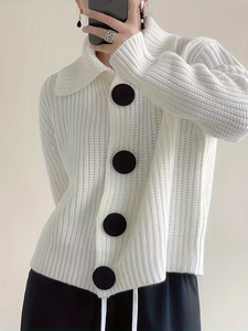Cardigã Feminino de Tricô Estilo Coreano Outono Inverno Casual Respirável Liso Solto Descontraído com Botões Frontais - Product Image 5