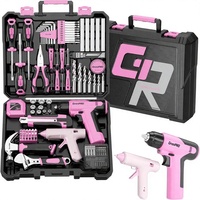 Ensemble d'outils de perçage sans fil rose et bleu de 188 pièces avec batterie lithium-ion - Kit de réparation tout-en-un pour la maison et l'automobile - Boîte de rangement en acier CR-V