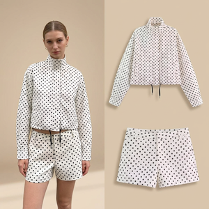 Ensemble chemisier et short en coton à pois pour femme, manches longues, col montant, coupe ample, taille à cordon, pois blancs et noirs, tenue décontractée - Product Image 4