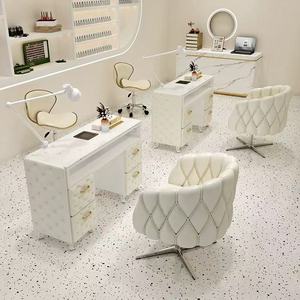 Juego de mesa y silla de salón de uñas de alta gama en color crema con tablero de mármol y enchufe para aspiradora integrado. - Product Image 2