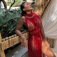 Bohème Crochet tricoté femmes plage couvertures Vintage gland licou cou longue Maxi robe dos nu Vestidos 2026