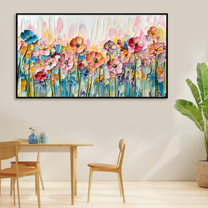 <span class=keywords><strong>Peinture</strong></span> à l'huile sur toile texturée 90x50cm, champ de <span class=keywords><strong>fleurs</strong></span> peint à la main au couteau à palette, cadre intérieur en bois, tailles personnalisées disponibles - Product Image 3