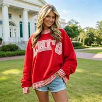 Sweat-shirt surdimensionné pour femme avec logo personnalisé, bordure à carreaux, col montant en polaire et patch lettre en chenille