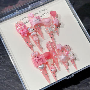 Venta al por mayor hecho a mano Stiletto largo prensa en las <span class=keywords><strong>uñas</strong></span> 3D <span class=keywords><strong>Hello</strong></span> <span class=keywords><strong>Kitty</strong></span> corazón arco Rosa diseño reutilizable acrílico personalizado <span class=keywords><strong>uñas</strong></span> postizas - Product Image 2
