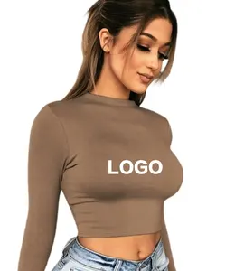 Oem Custom Logo Gedrukt T-Shirt Hoge Hals Blanco Effen Sexy Lange Mouw Vrouwen Slim Fit Crop Tops