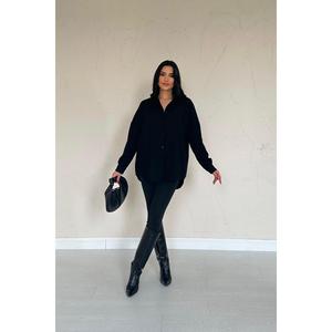 Camisa Larga Holgada Elegante Negra para Mujer, Poliéster, Color Sólido, Estilo Europeo, Prenda Casual - Product Image 4