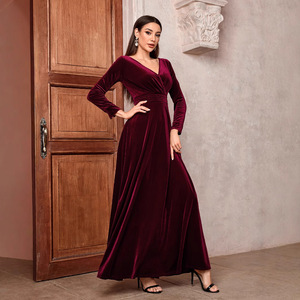 Abito da donna elegante in <span class=keywords><strong>velluto</strong></span> con collo a V a <span class=keywords><strong>maniche</strong></span> <span class=keywords><strong>lunghe</strong></span> stringe vita abito da sera per banchetti autunno inverno - Product Image 1