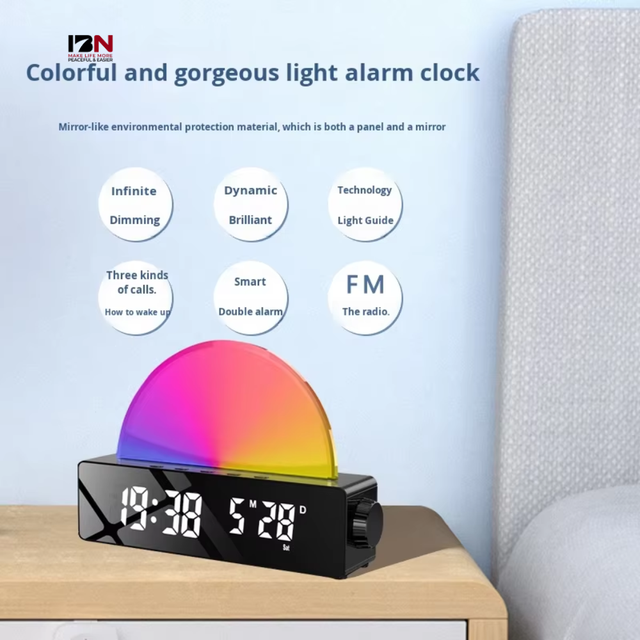 2026 New Smart Sunrise Wake up Clock with Multicolor LED Lights FM Radio USB Charger and Temperature Display for Bedroom Desk