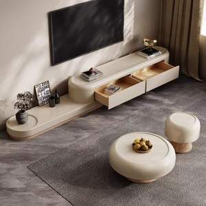 Meuble <span class=keywords><strong>TV</strong></span> <span class=keywords><strong>incurvé</strong></span> haut de gamme, crème, minimaliste, grand rangement, décor moderne - Product Image 1