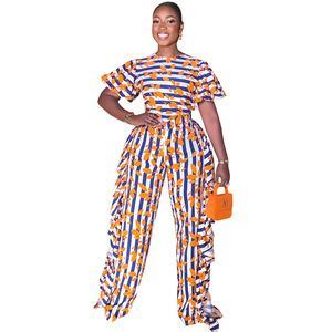 Pantalon frontal élégant pour femmes 10032 pour <span class=keywords><strong>Amazon</strong></span> pantalon droit taille haute à volants manches bulle décontracté Dashiki pour l'été - Product Image 1