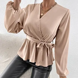 2023 Full Sleeve Fashion Casual Regular V-Neck Belted Blouses For Women