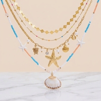 Collier superposable ajustable d'été pour femme en acier inoxydable avec pendentif étoile de mer en pierre précieuse naturelle créée en laboratoire et perles colorées