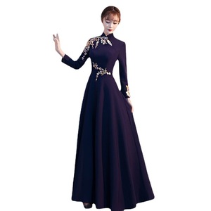 Dark Blue Modernized Cheongsam Long Dress A-Line Stand Neck Zipper Vintage Satin Evening Dress - Product Image 5