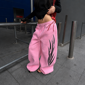 Custom Y2K Pink Wide Leg Sweatpants Women Low Waist Drawstring Casual Pants Flame Print Loose Long <b>Trousers</b> - Product Image 1