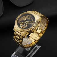 Montre mécanique de luxe en gros avec bracelet en acier doré, cadran gravé motif montagne et rivière chinois vintage, squelette tourbillon pour homme