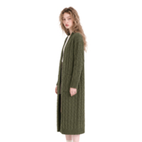 Cardigan long en maille torsadée pour femme, vert olive, ouvert sur le devant, avec poches plaquées en mohair, style manteau-pull, OEM ODM