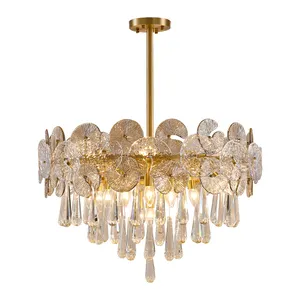 European Modern Type Clear Crystal Water Drop Golden Pendant Lamp Champagne Gold Lighting Chandelier