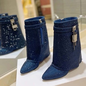 Botines Mujer Shark Lock Fashion Wedge Heel Shiny Rhinestone Short <b>Boots</b> for Women Shoes - Product Image 2