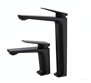 Grifo de Lavabo en Forma de L, Negro Mate Minimalista, Dos Opciones de Altura, Mezclador de Agua Fría y Caliente, Montaje en Encimera - Product Image 1