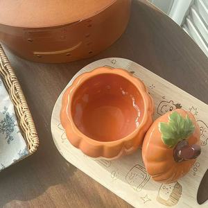 <b>Ceramic</b> pumpkin bowl with lid, rustic style, creative hand-painted seasoning jar, condiment jar, steamed <b>egg</b> bowl, candle jar, - Product Image 4