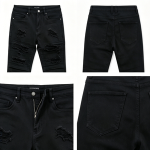 Pantalon en jean slim noir uni extensible et élégant avec déchirures superposées et effilochées pour un look streetwear urbain branché - Product Image 5