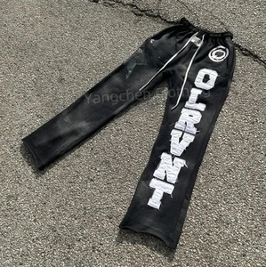 <span class=keywords><strong>Pantaloni</strong></span> da <span class=keywords><strong>uomo</strong></span> personalizzati a vita media in cotone lavato con acido <span class=keywords><strong>pantaloni</strong></span> della tuta a svasato con decorazione a toppa sbiadita da sole <span class=keywords><strong>pantaloni</strong></span> Casual in difficoltà - Product Image 3