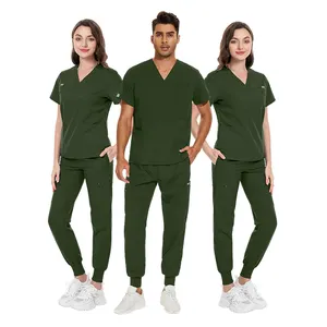 Uniformes de hospital verde azulado antiarrugas de Color caribeño 2024, juego de uniformes médicos de enfermería verde oscuro OEM de manga corta para mujeres