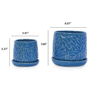 Juego de 2 macetas redondas de cerámica azul Mdj para interior y exterior, con platillos, estilo americano, para jardín y hogar. - Product Image 6