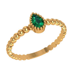 Bague artisanale en or 10 carats avec émeraude taille poire et verre, directement de l'usine, avec bande perlée délicate, bijoux à superposer - Product Image 1