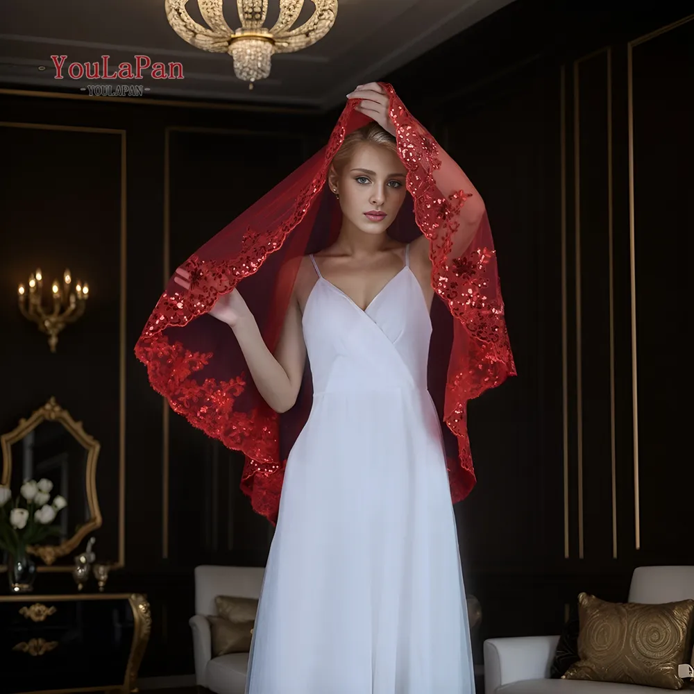 YouLaPan V232 2024 klasik kırmızı gelin peçe çift katmanlı zarif dantel parti düğün duvağı accessomariage Mariage
