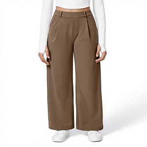 Pantalones de Pierna Ancha de Cintura Alta para Mujer, Color Sólido, Tela Crepé, Pliegues Delanteros, Corte Holgado, Casual, Largos, para Otoño - Product Image 1