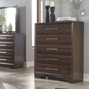 Commode contemporaine en bois foncé avec miroir - Commode de chambre à coucher à tiroirs à lattes, meuble de rangement minimaliste moderne - Product Image 3